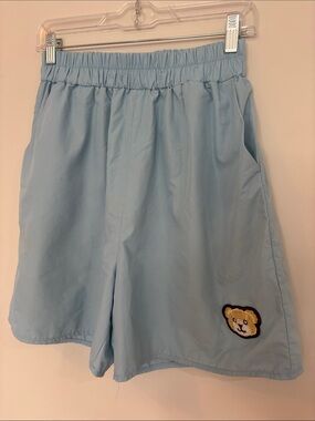 ROMWE Light Blue Elastic Waist Shorts with Cute bear Patch